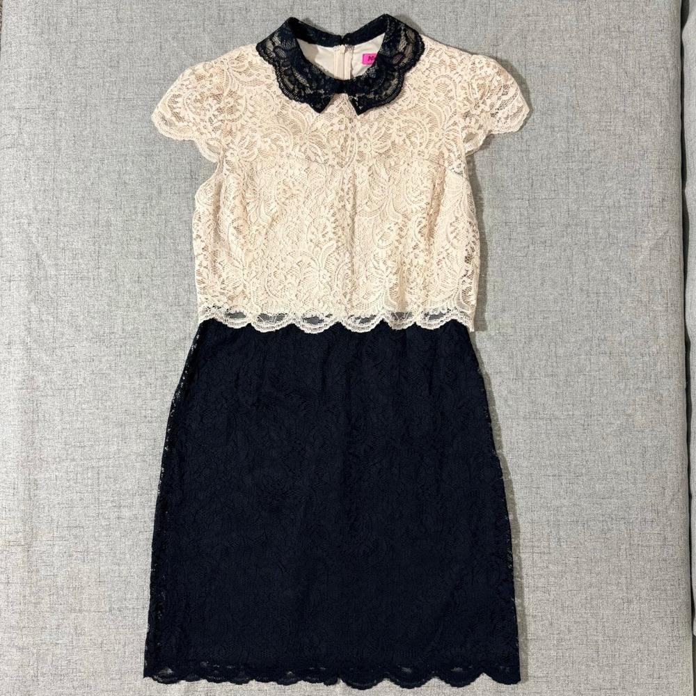 Betsey Johnson Mini Dress Women 6 - 8 Medium Cream Black Floral Lace Y2K - Picture 3 of 9